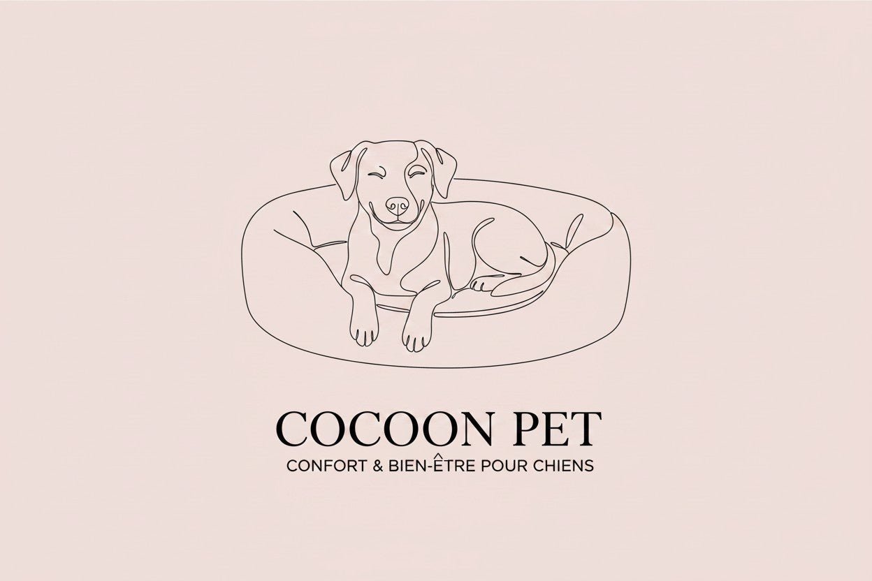 Illustration Cocoon Pet : chien apaisé dans son panier — Confort et bien-être pour chiens